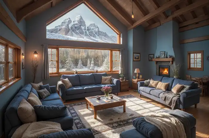 Chalet avec mobilier de couleur bleu