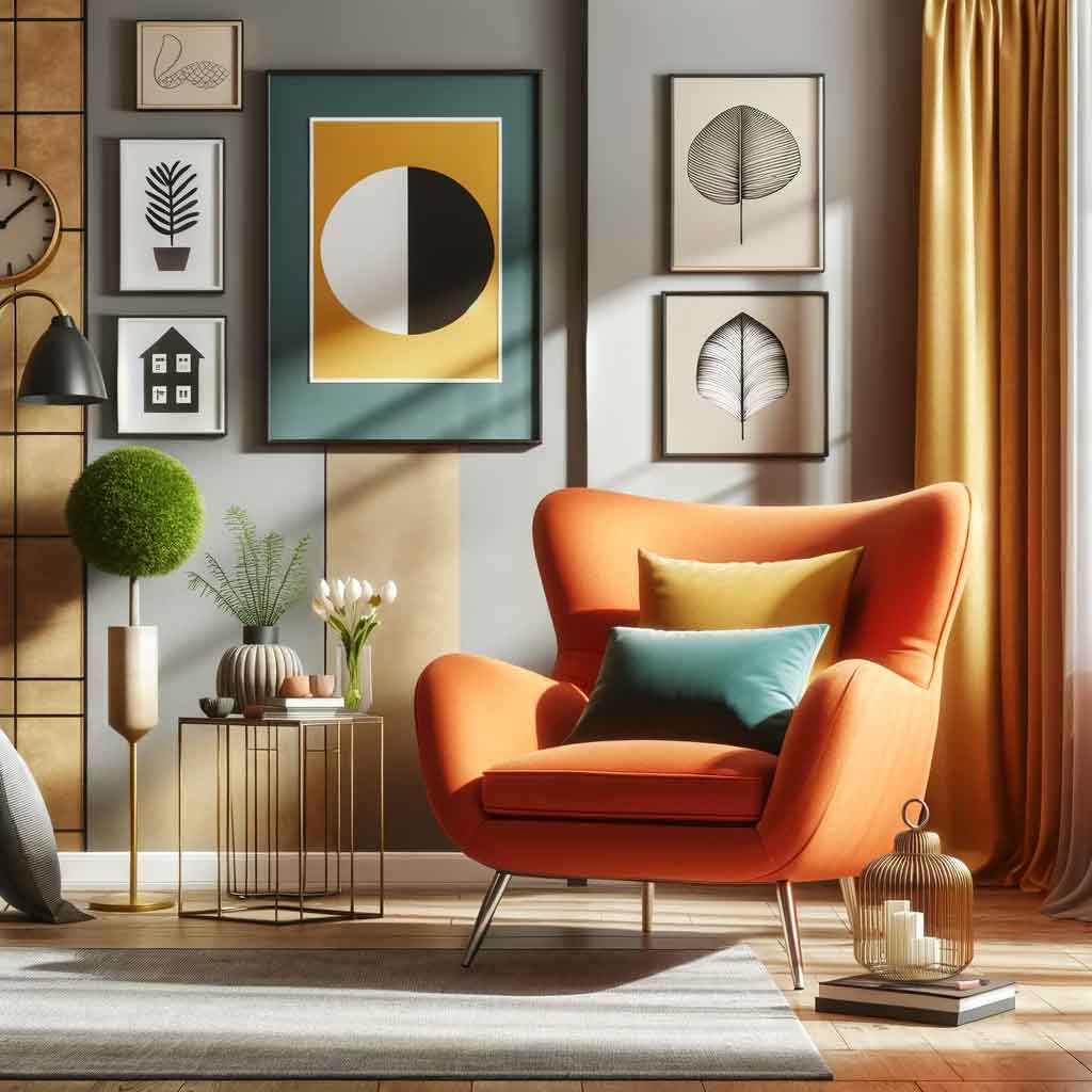 Un fauteuil orange dans un salon décoré