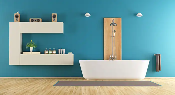 Salle de bain avec douche motif bois