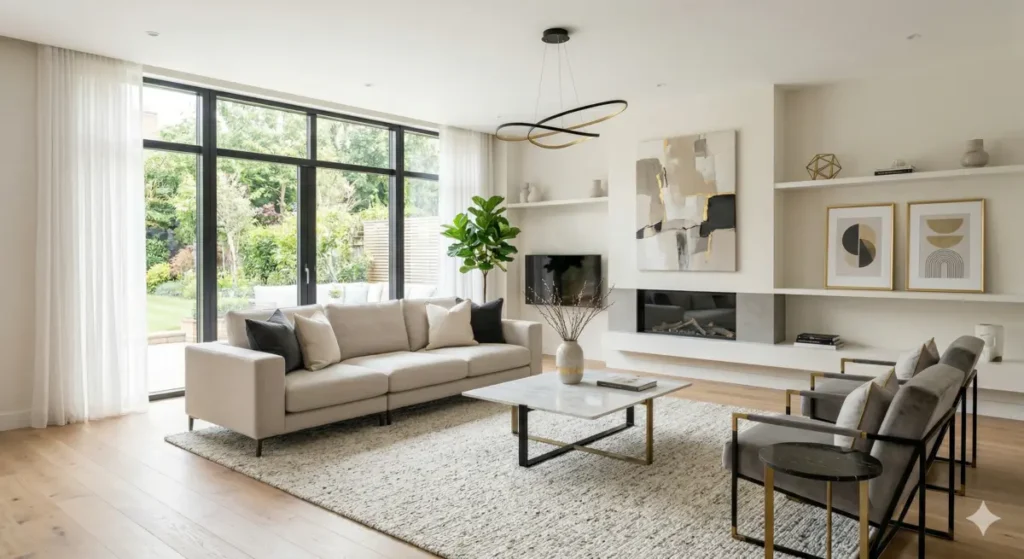 Salon moderne avec palette de couleurs beige, gris et noir, décoration chic et lumineuse