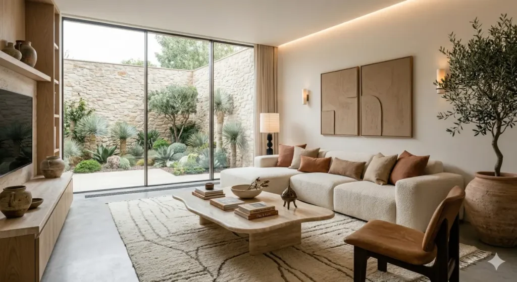 Exemple de salon moderne et chic avec décoration harmonieuse et mobilier design