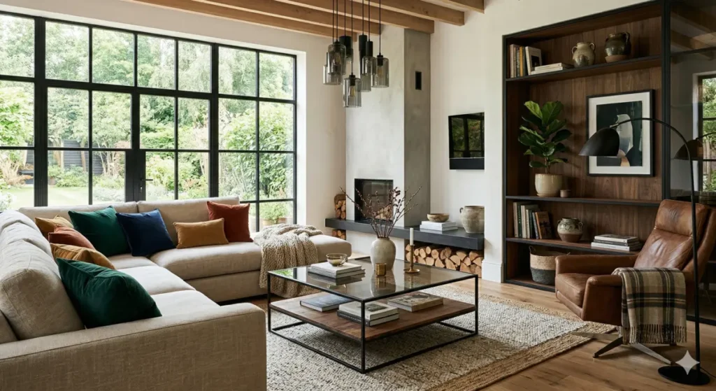 Salon moderne chic avec mélange de matières bois, métal et textiles doux