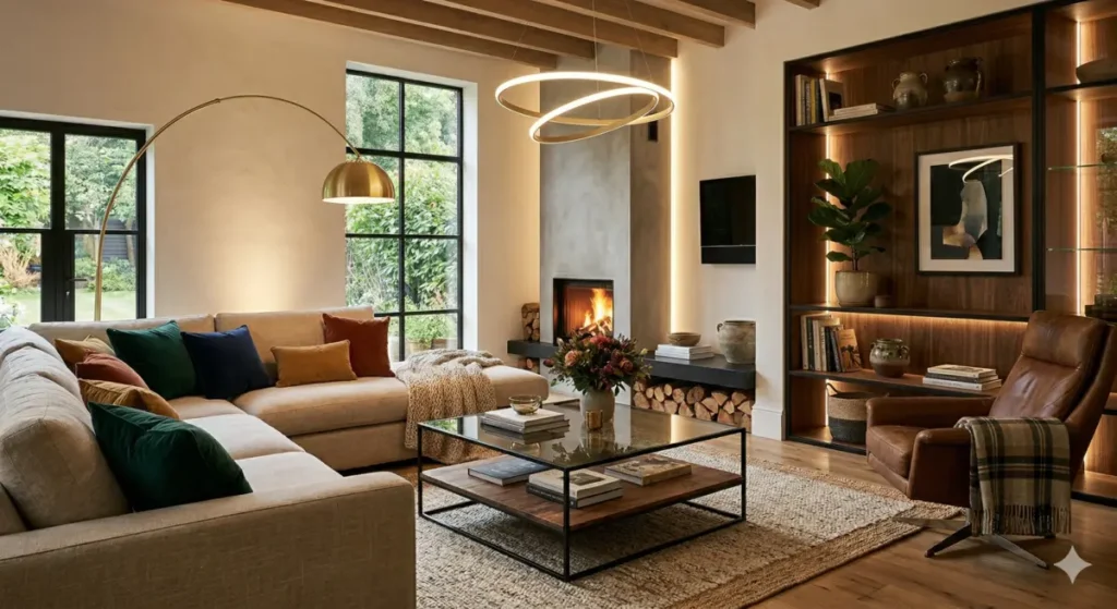 Salon moderne avec luminaires design et éclairage chaleureux ambiance cosy