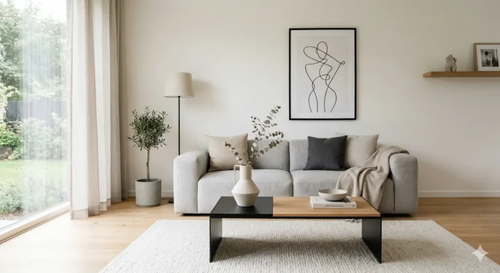 Salon moderne minimaliste avec décoration épurée et objets design discrets