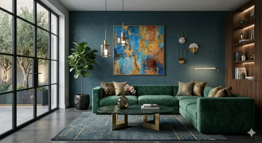 Salon moderne avec mur accent et décoration murale contemporaine élégante