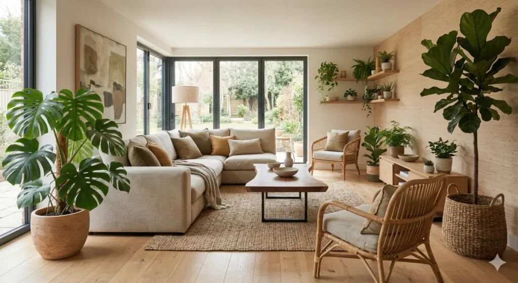 Salon moderne avec plantes vertes et matériaux naturels ambiance chaleureuse