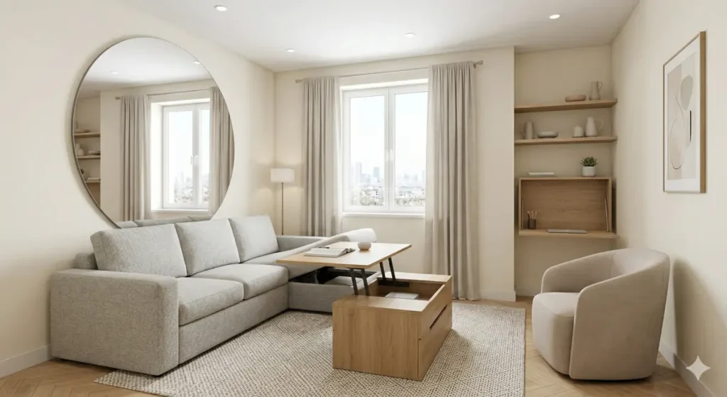 Petit salon moderne bien aménagé avec espace optimisé et décoration lumineuse