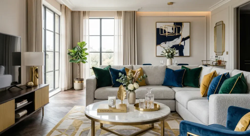 Salon moderne chic avec touches dorées et décoration élégante raffinée